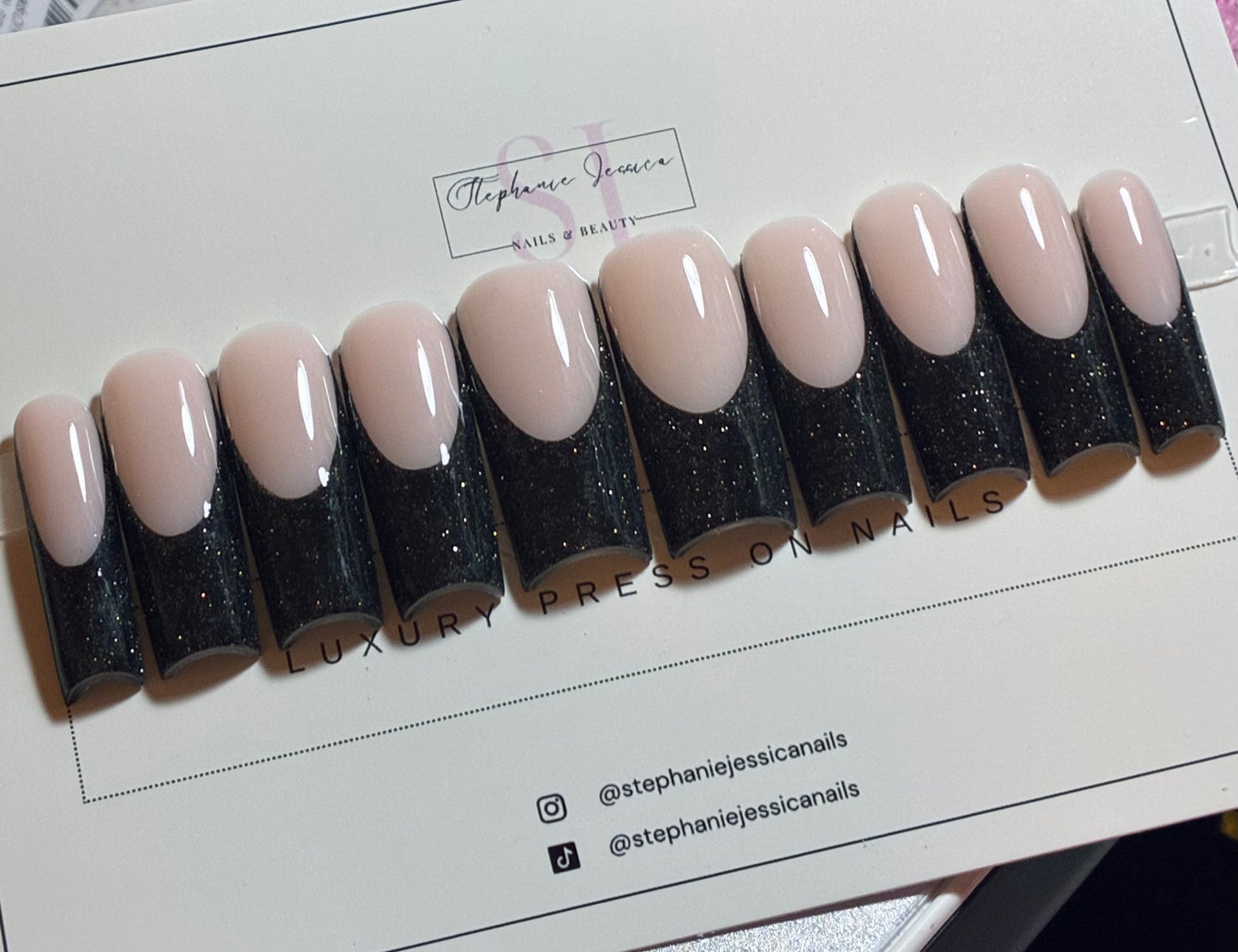 Reflective Flash Glitter Black French Tips