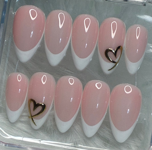 French Tips With Gold Hearts