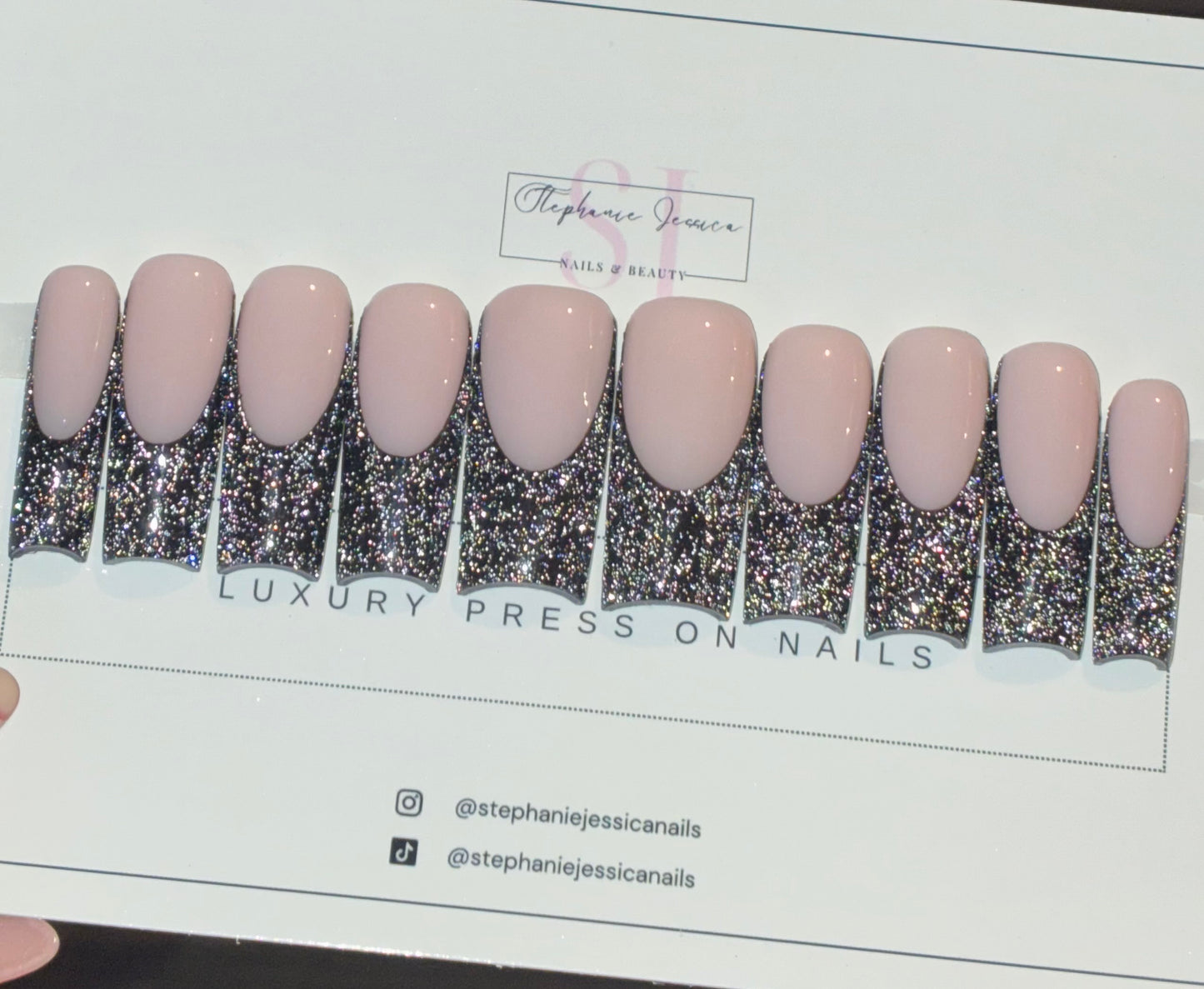 Reflective Flash Glitter Black French Tips