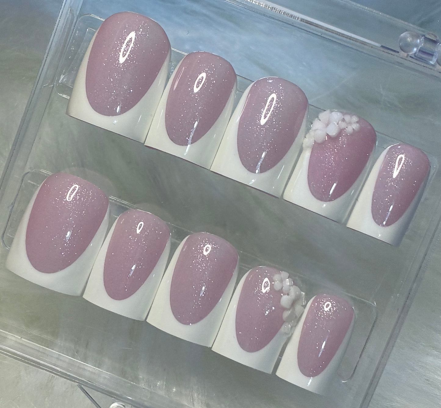 Shimmer Pink Base French Tips With Flowers