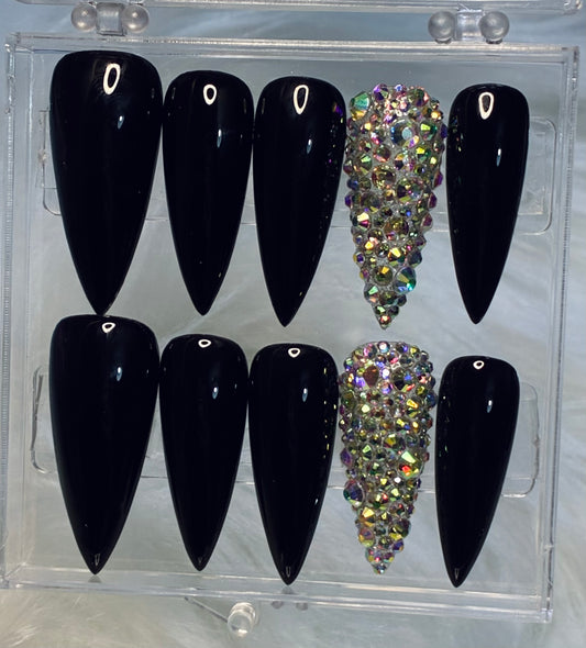 Black Glossy Nails With Bling