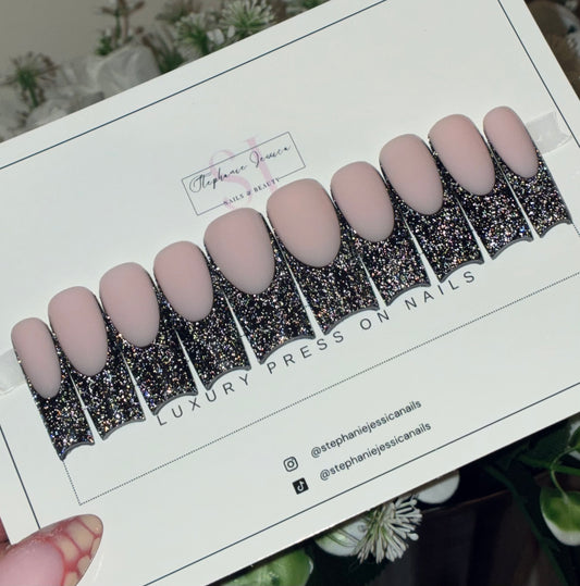 Reflective Flash Glitter Black French Tips